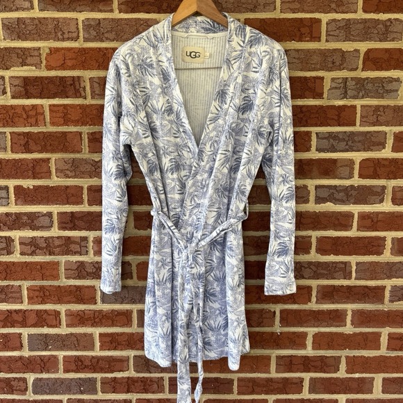 Ugg Periwinkle Blue Floral Robe Pockets Tie Belt Short Jersey Rib Knit Size L - Picture 1 of 7